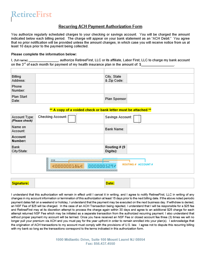 retiree first recurring ACH payment authorization form