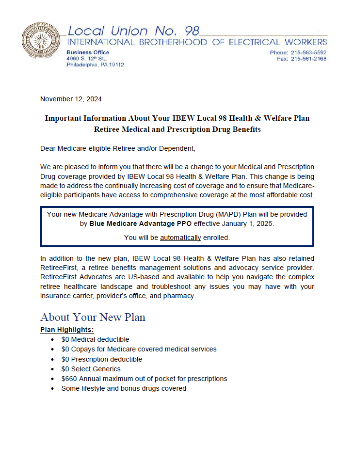 local union No. 98 blue medicare advantage PPO document